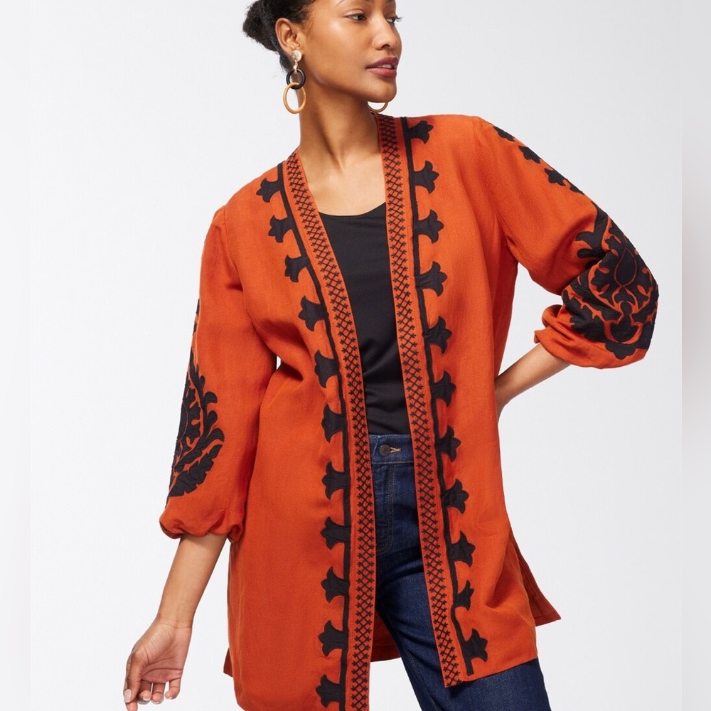 Chicos Appliqué Rust Orange & Black Lined Jacket Linen Blend Gorgeous XL Sz. 16 - Picture 2 of 10